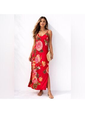 Natori XL Red Romantic Floral Slip Maxi Dress Resort Boho